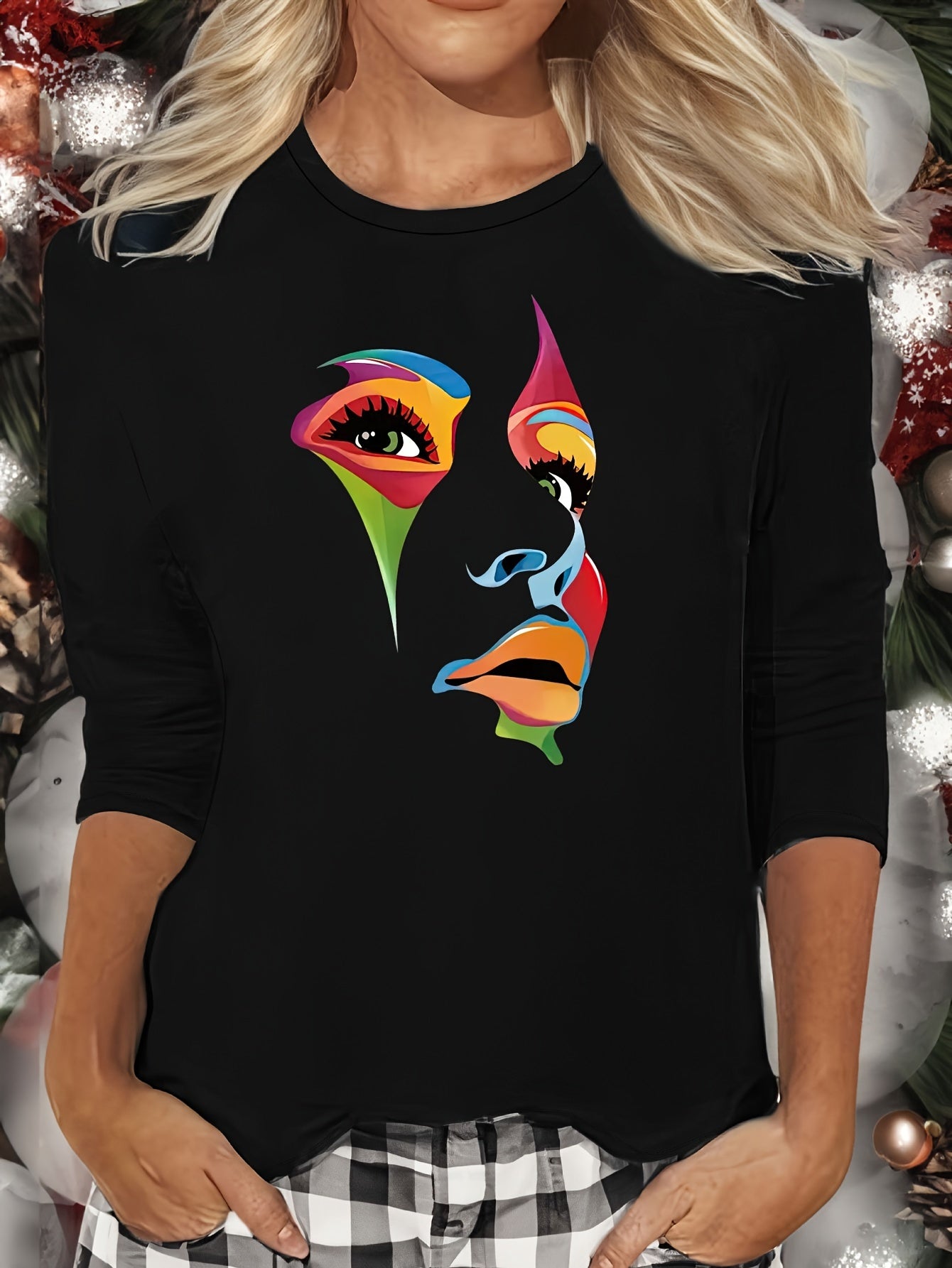 Colorful Face Print Lounge Top Long Sleeve Crew Neck