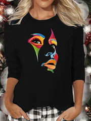 Colorful Face Print Lounge Top Long Sleeve Crew Neck