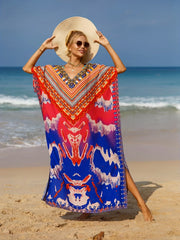 Geometric Print Bat Sleeve V Neck Cover Up Dress