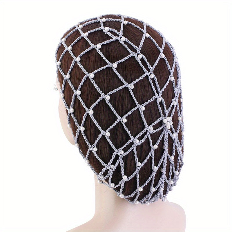 Rayon Hair Net Beaded Faux Pearl Crochet Beanie Women Elastic Snood