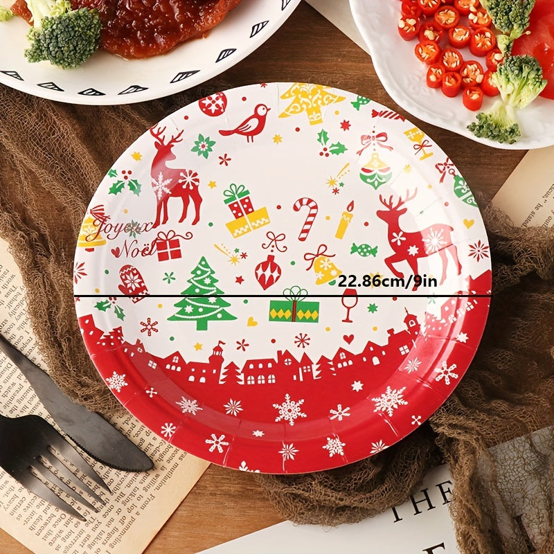 10pcs Christmas Paper Cup Plate Disposable Tableware Set Holiday Party Decor