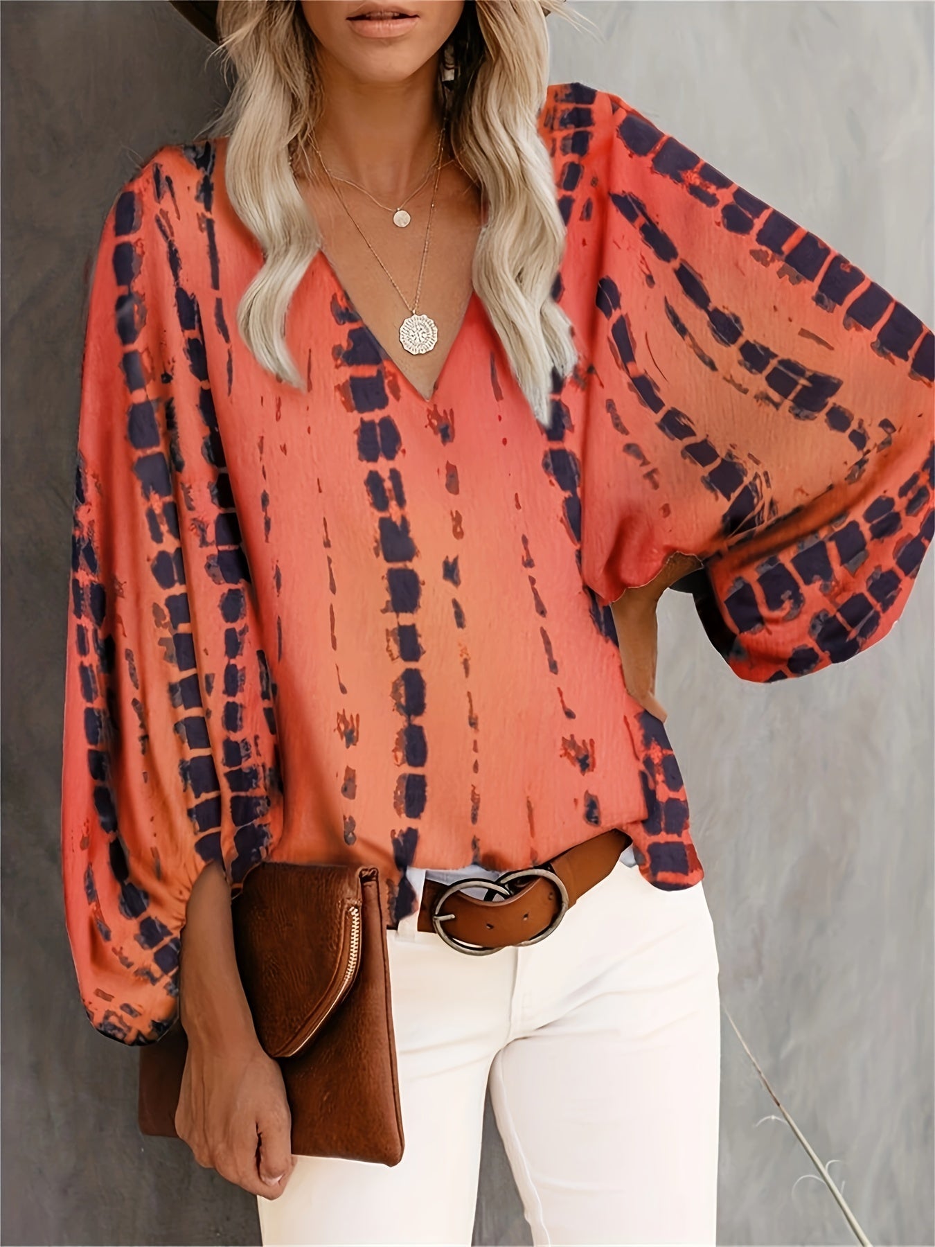 Casual Blouse Women's V Neck Lantern Sleeve Top