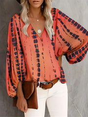 Casual Blouse Women's V Neck Lantern Sleeve Top