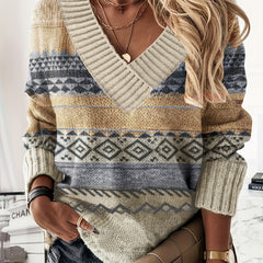 Casual Sweater Women's Plus Colorblock Geometric Print