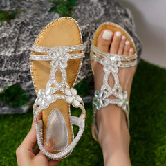 Boho Floral Rhinestone Sandals Elastic Strap Casual Beach Sandals