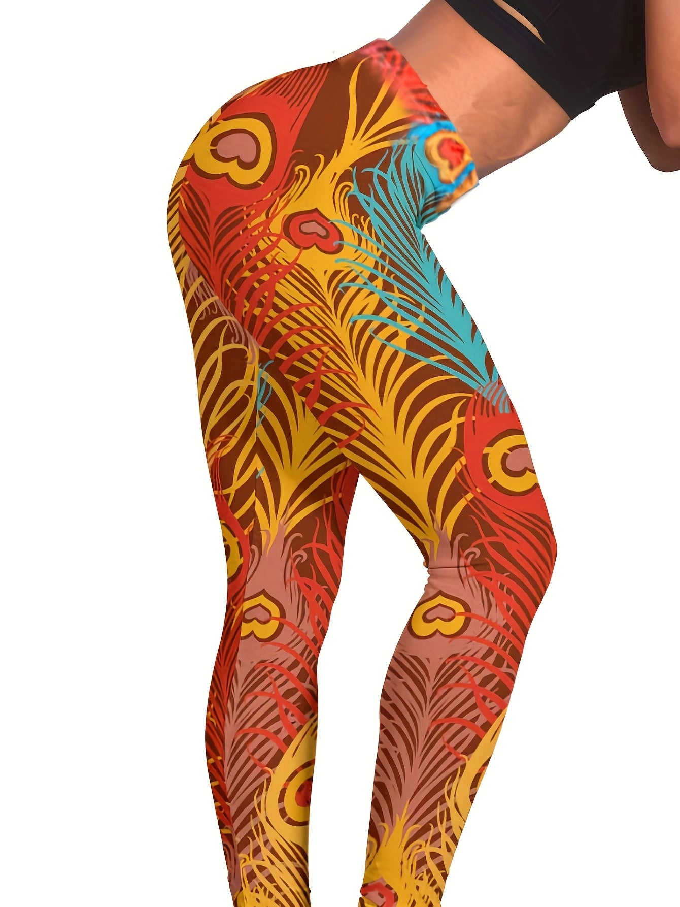 Peacock Feather Print Skinny Leggings Vintage High Waist Leggings