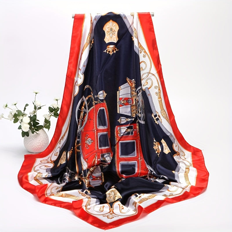 Vintage Carriage Print Square Scarf Satin Shawl for Women