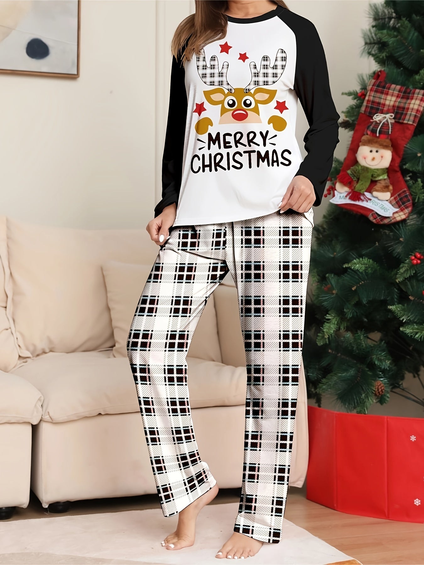 Christmas Pajamas Set Women's Elk & Slogan Tee & Plaid Pants Two Piece