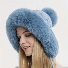 Winter Warm Hat W/ Earflap & Balls Knitted Hat, Fluffy Hats For Women