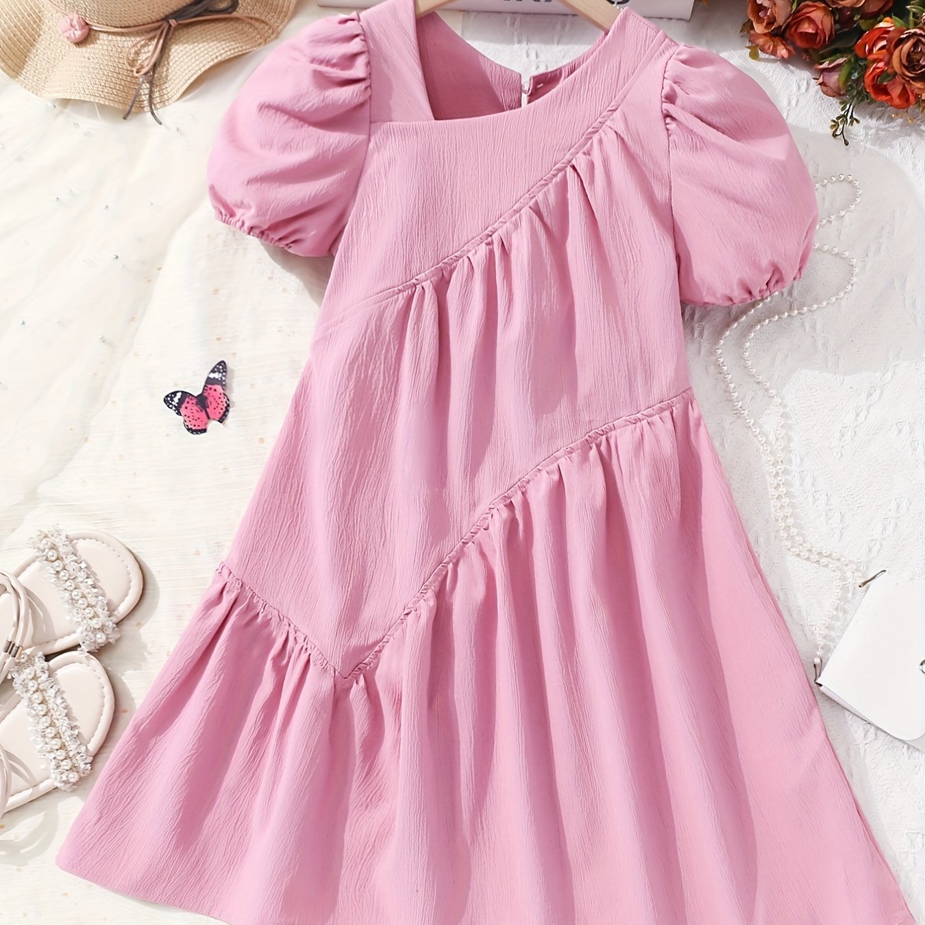 Girls' Ruched A-Line Short Sleeve Dress & Casual Fit Kids Dresses