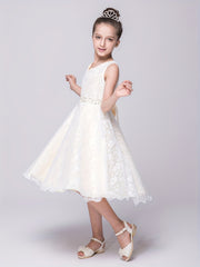 Girls Sleeveless V-neck Lace Flowers Rhinestone Princess Dress