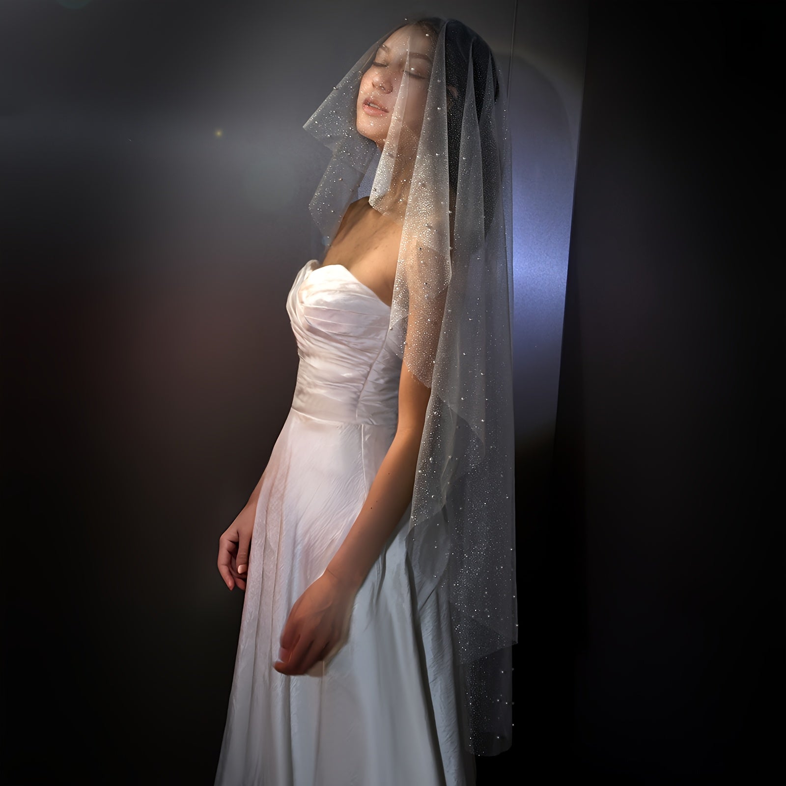Sparkling Starlight Tulle Veil with Pearl Embellishments for Weddings