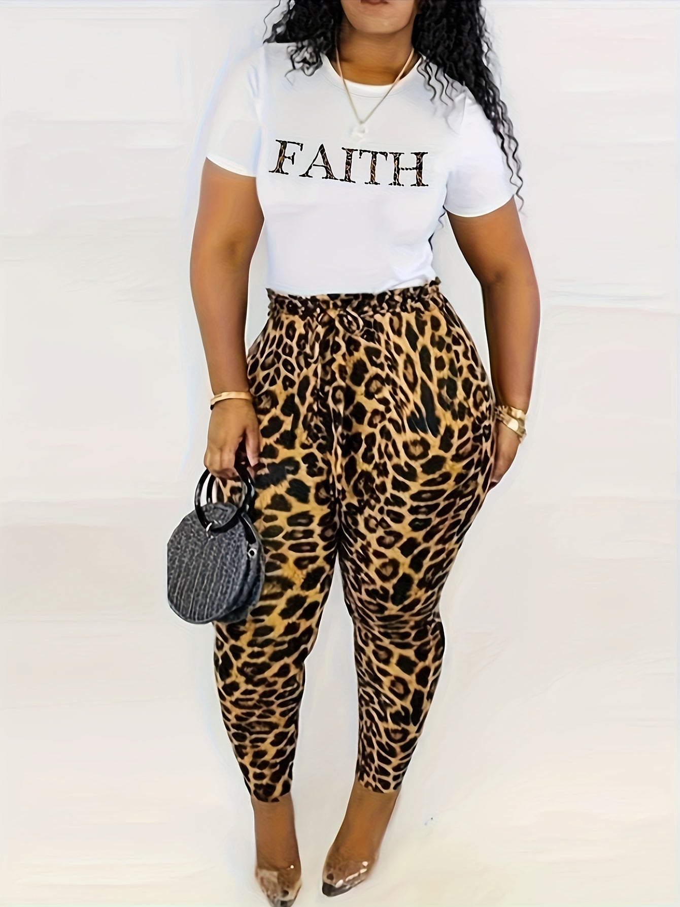 Women's Plus Leopard Letter Print Top & Leggings Set