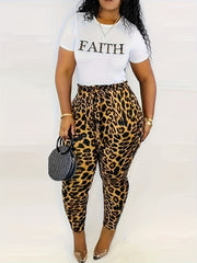 Women's Plus Leopard Letter Print Top & Leggings Set
