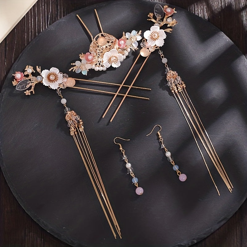 Chinese Bridal Wedding Accessories Set Floral U shaped Hairpin Earrings Set