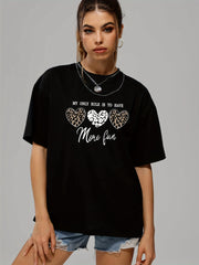 Leopard Heart Print T-Shirt Crew Neck Loose Short Sleeve Tee