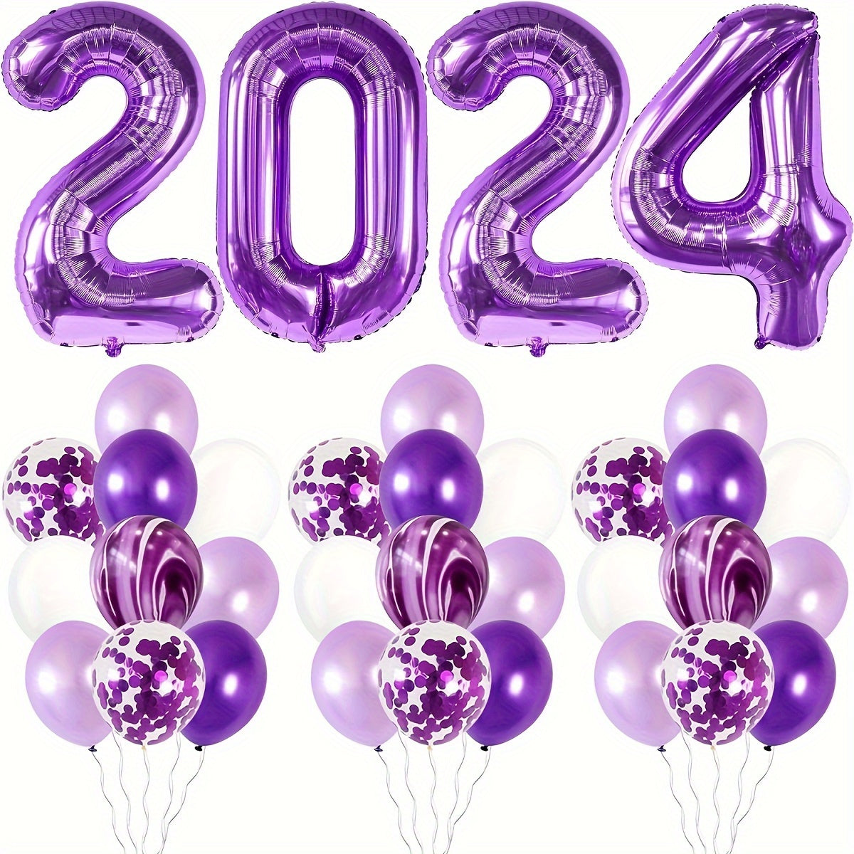 Purple Year Theme Party Balloons Set - 49pcs Number, Marble, Sequin Balloons