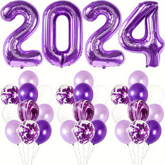 Purple Year Theme Party Balloons Set - 49pcs Number, Marble, Sequin Balloons