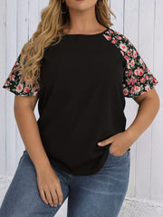 Vacay Blouse Women's Plus Colorblock Floral Short Sleeve T shirt