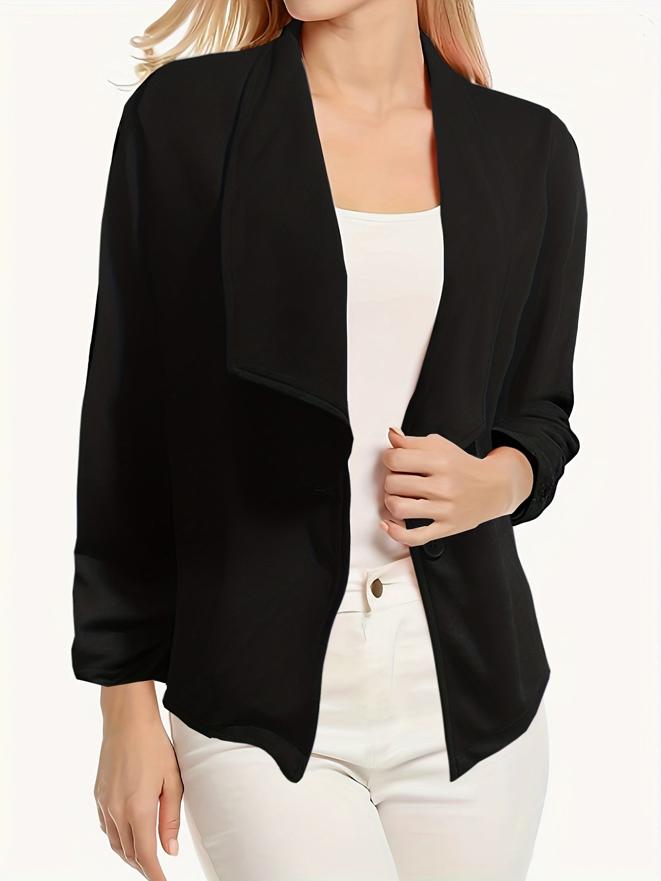 Solid Open Front Blazer Lapel Long Sleeve Blazer