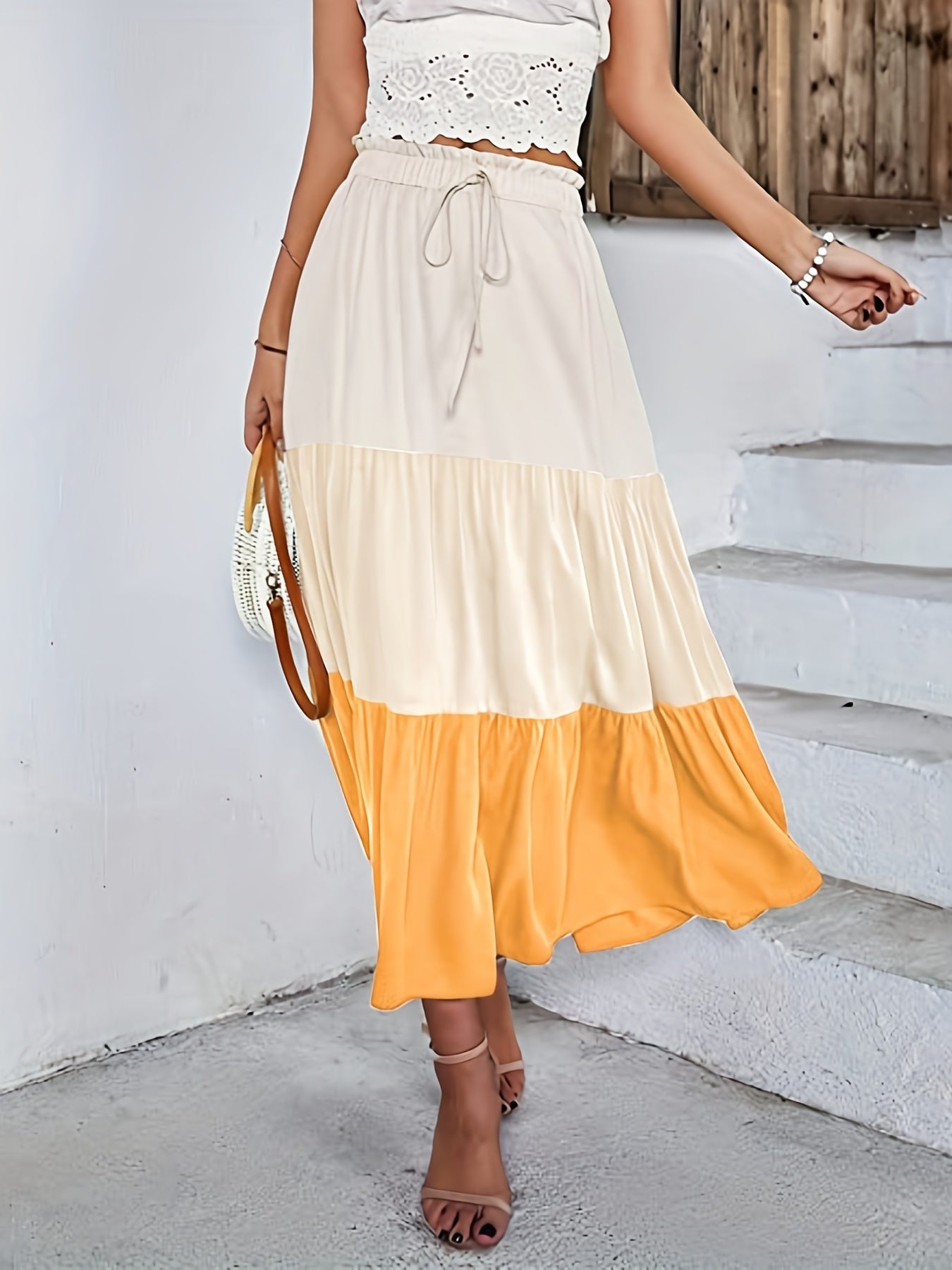 Block Drawstring Skirts Ruched Maxi Skirt Women's
