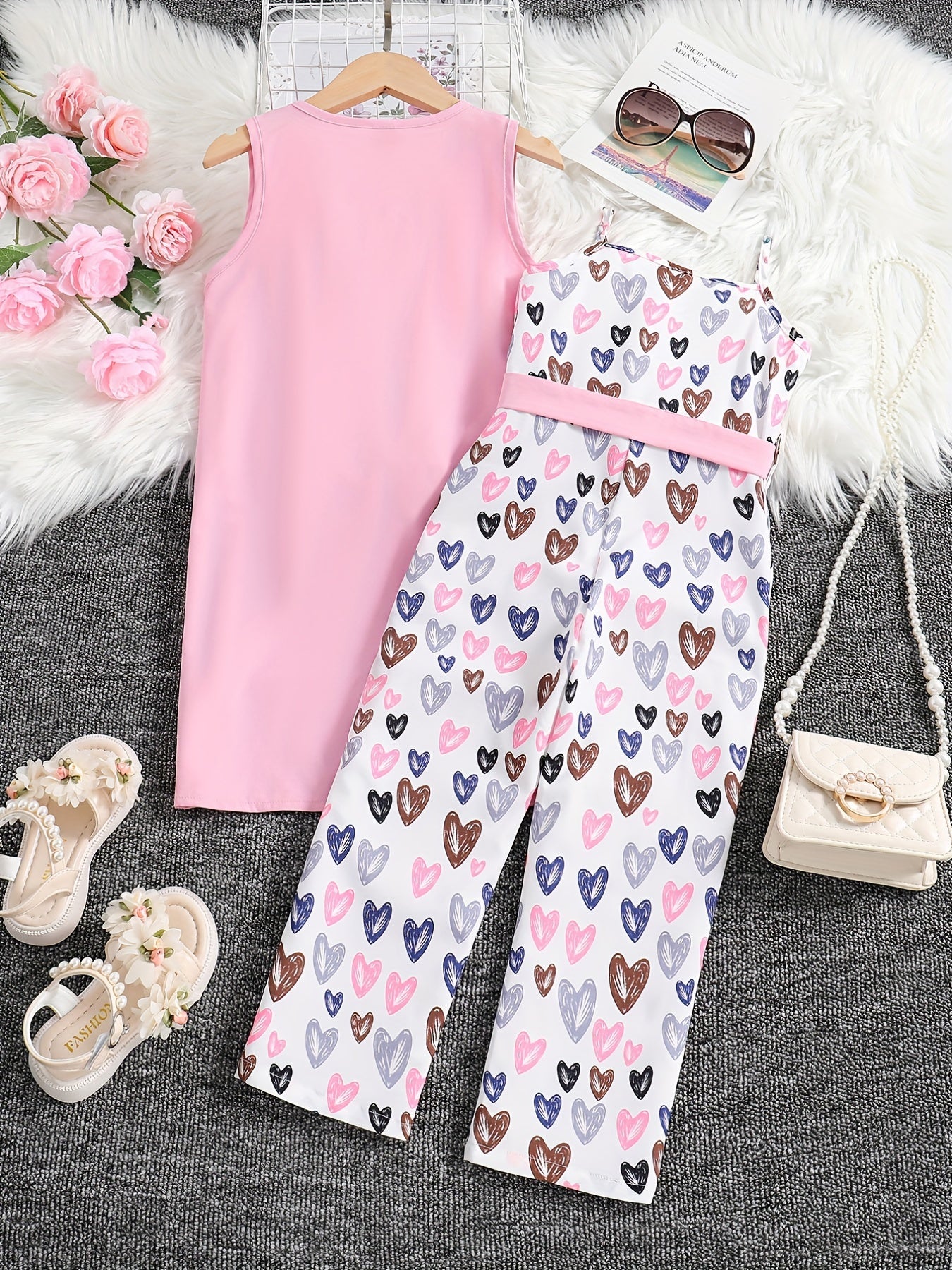 Girls Cartoon Heart Graphic Jumpsuit & Outwear Set - Summer Holiday Party
