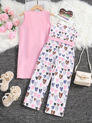 Girls Cartoon Heart Graphic Jumpsuit & Outwear Set - Summer Holiday Party