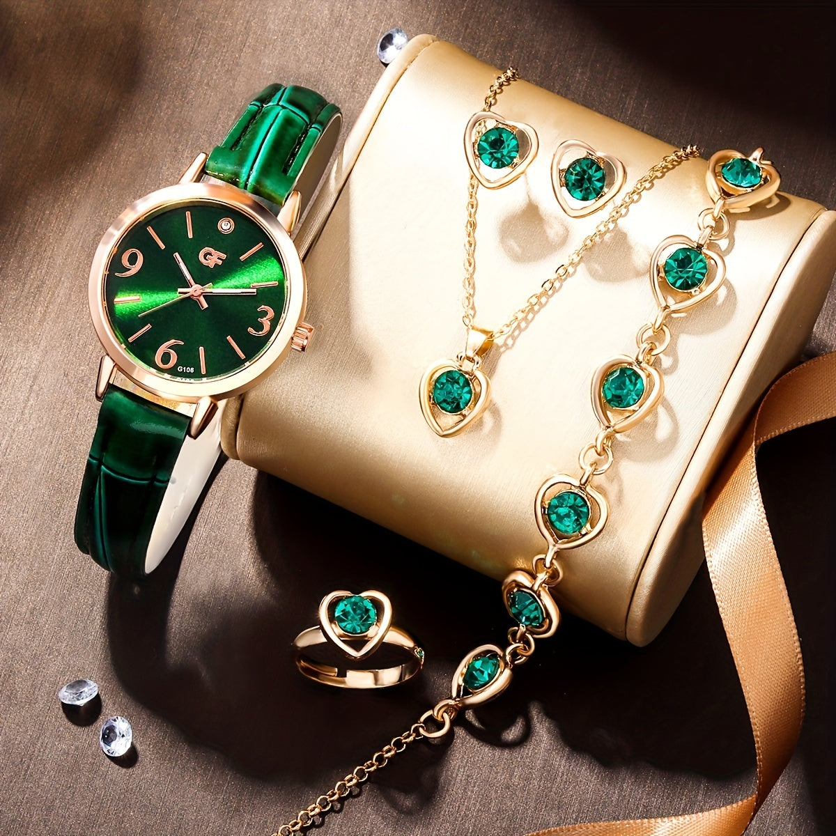 6pc Set Rhinestone Children's Leather Quartz Watch Love Jewelry Set