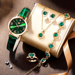 6pc Set Rhinestone Children's Leather Quartz Watch Love Jewelry Set