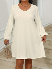 Solid Ribbed Lantern Sleeve V Neck Dress