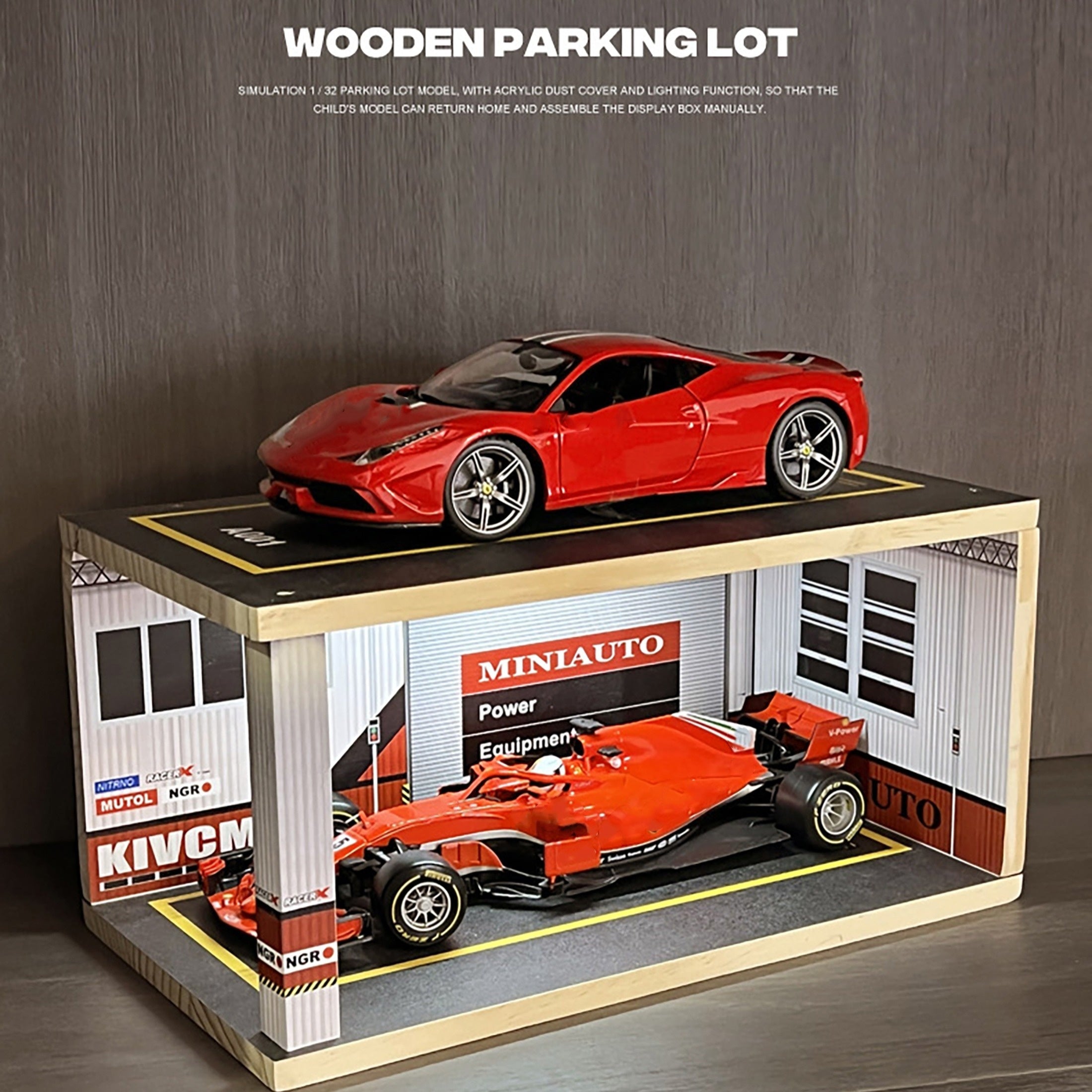 1:18 & 1:24 Solid Wood Garage w/ Lighting Alloy Car Storage Parking Lot Model