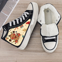 Christmas Cartoon Print Plush Lined Thermal Chunky Canvas Sneakers