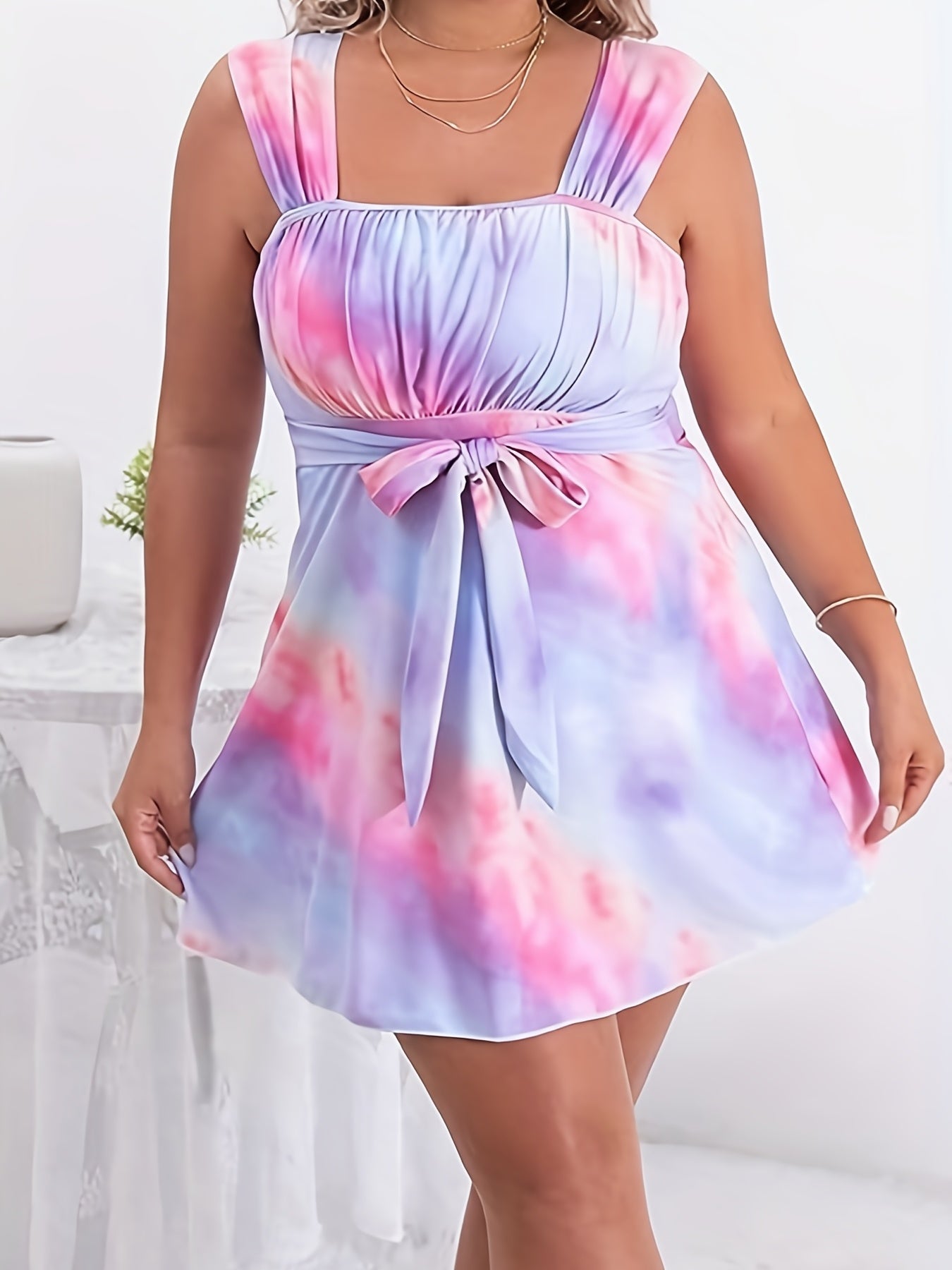 Tie Dye Square Neck Tankini Set with Belted Dress