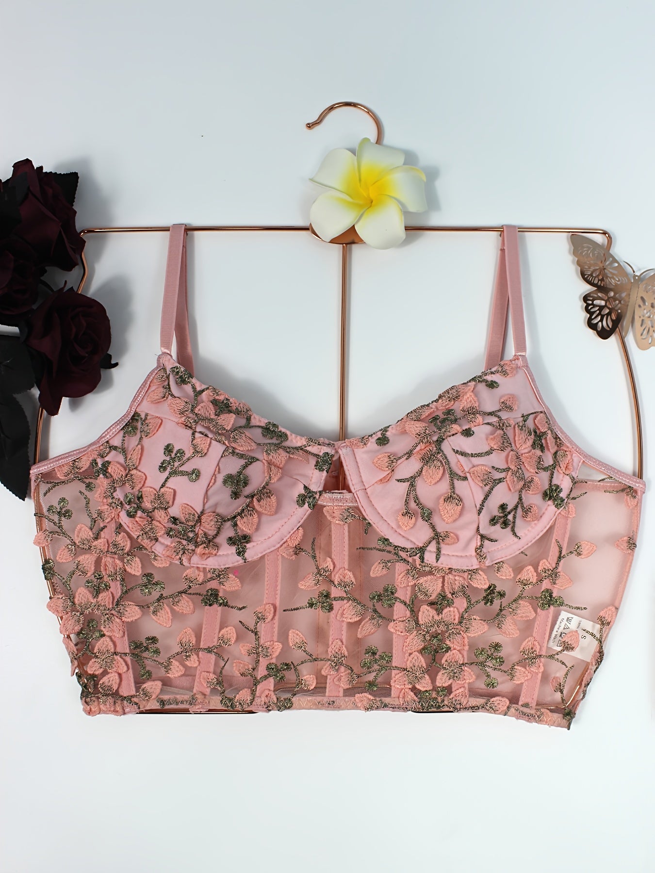 Floral Embroidery Cami Crop Top Hollow Out V Neck Mesh Bustier