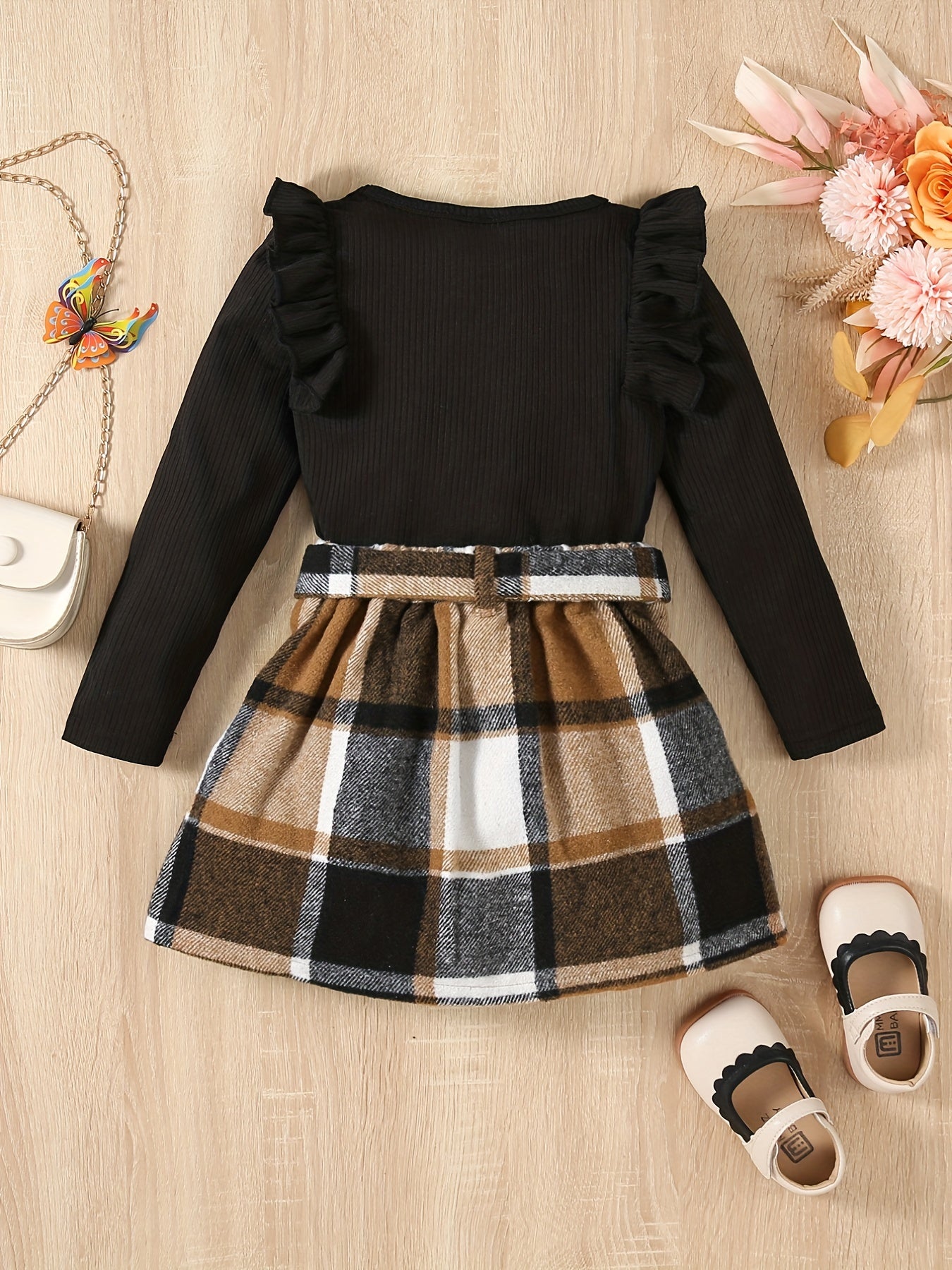 Baby Girls Knitted Ruffle Top & Plaid Skirt Set