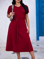 Solid V Neck Short Sleeve Dress With Belt