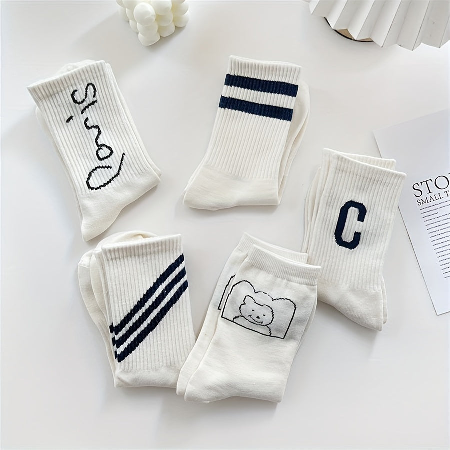5 Pairs Letter & Striped Print Socks Breathable College Style Women's Stockings