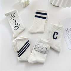 5 Pairs Letter & Striped Print Socks Breathable College Style Women's Stockings