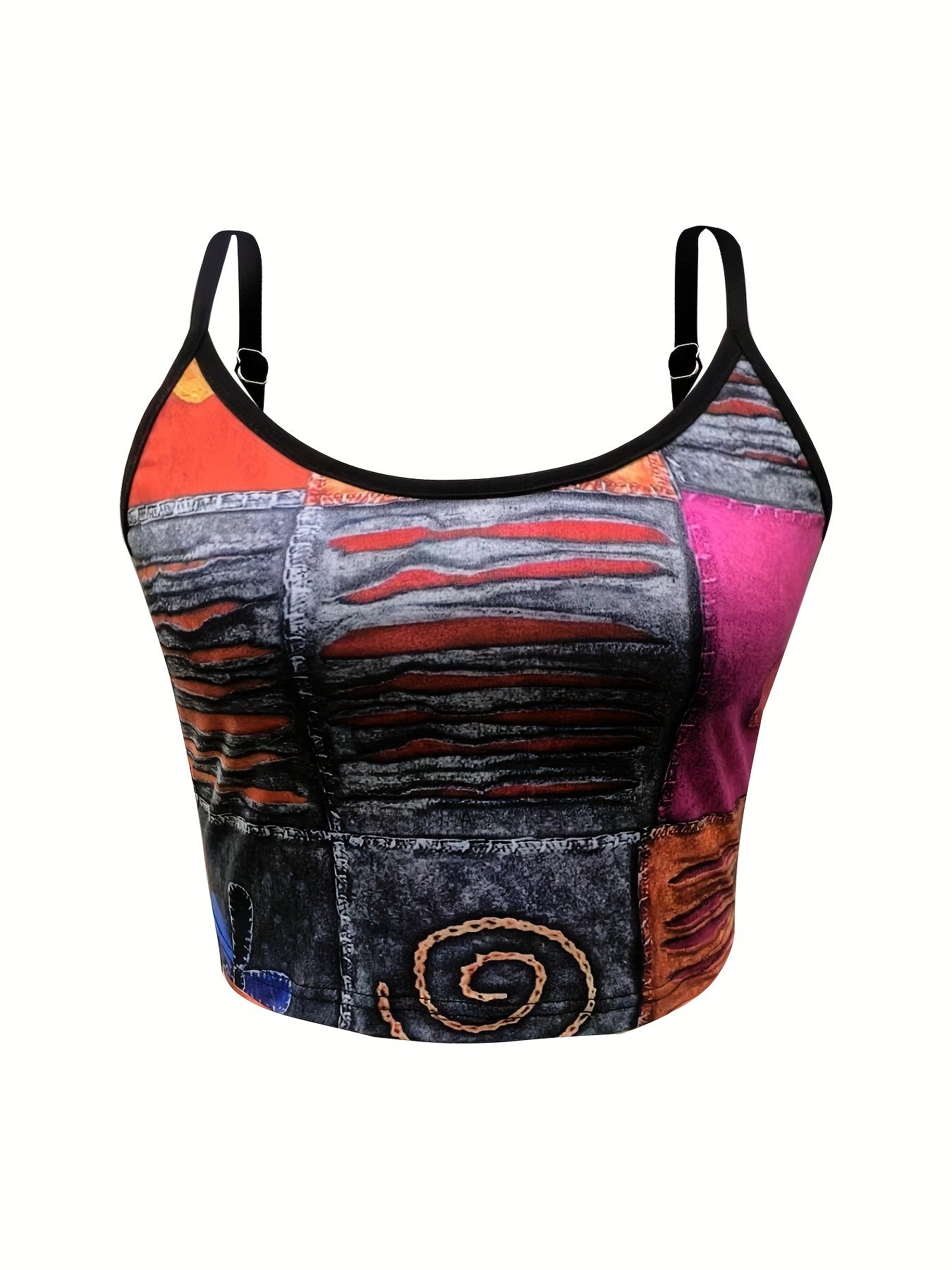 Patchwork Print Spaghetti Strap Top Multicolor Sleeveless Cami Top