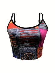 Patchwork Print Spaghetti Strap Top Multicolor Sleeveless Cami Top