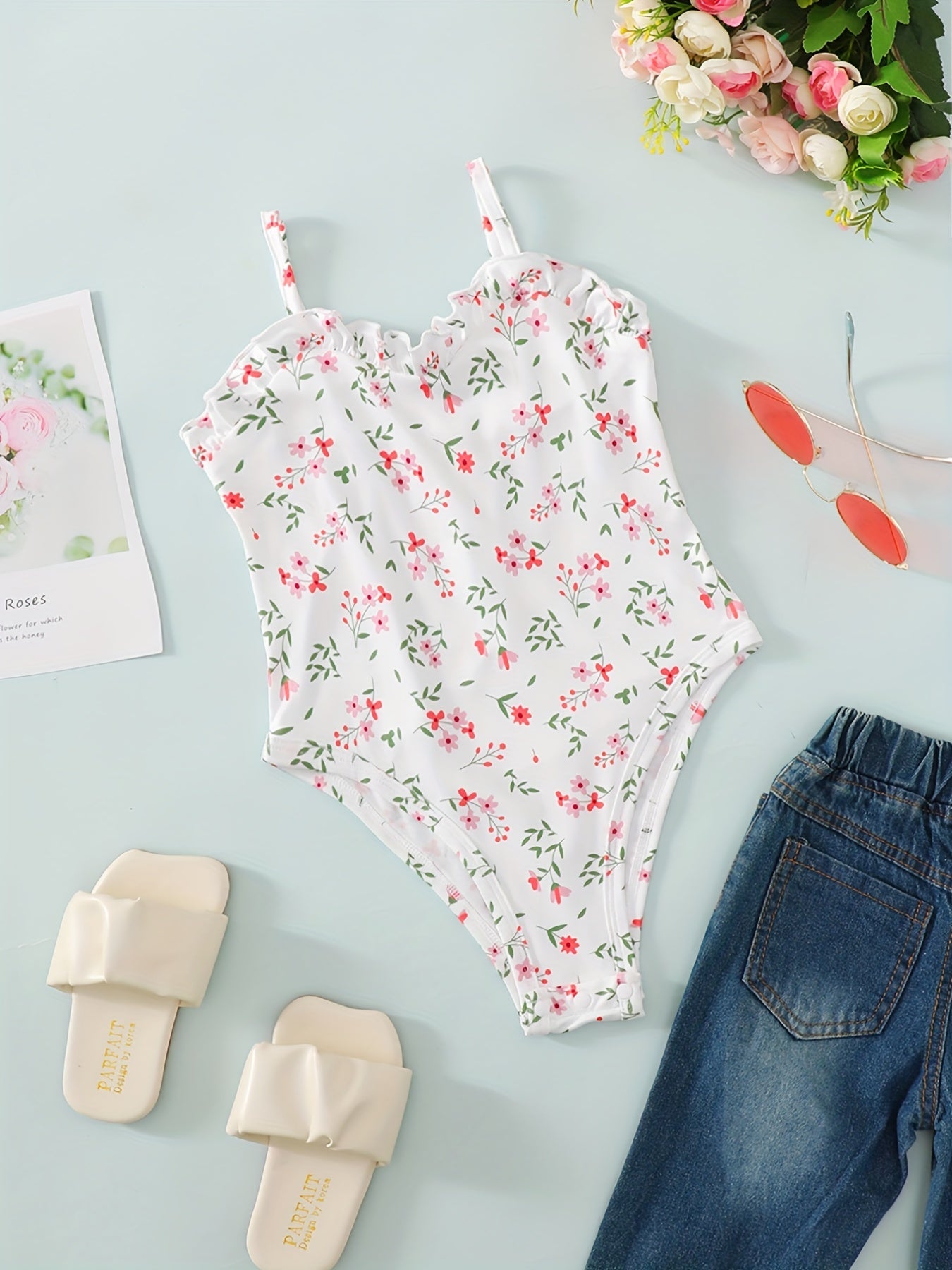 Toddler Girls Floral Ruffle Trim Cami Rompers Onesie Kids Summer Clothes
