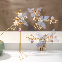 Faux Pearl Butterfly Flower Hairpin Headband Set