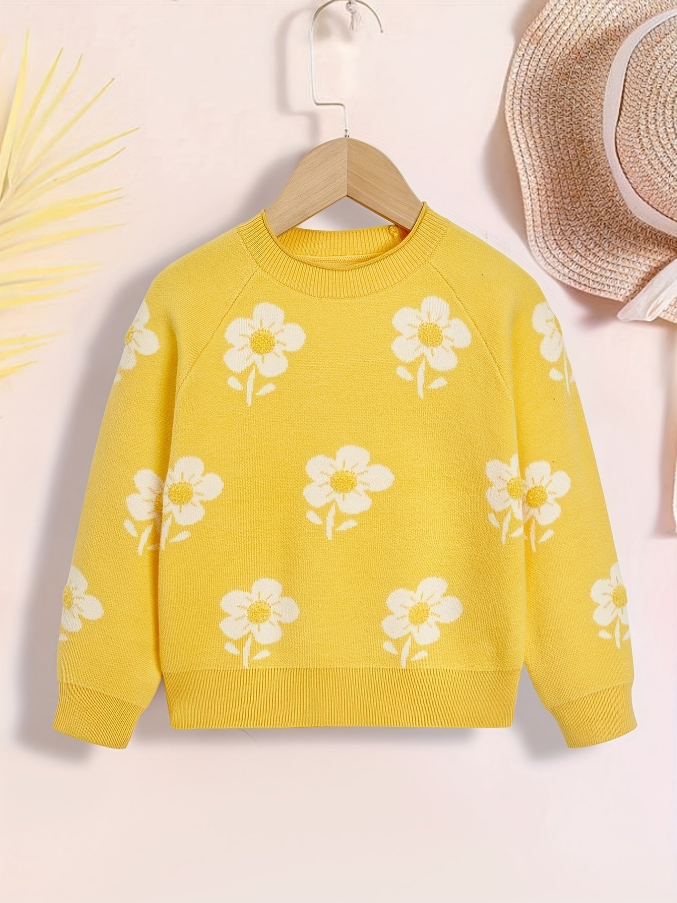 Girls' Flower Jacquard Knitted Crewneck Long Sleeve Sweater