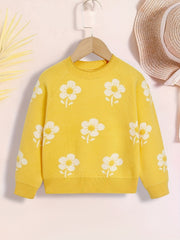 Girls' Flower Jacquard Knitted Crewneck Long Sleeve Sweater