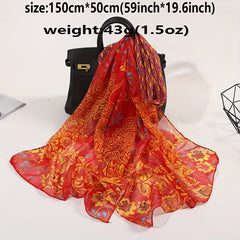 Vintage Peacock Print Scarf Gauze Shawl Head Wrap Sunscreen Towel