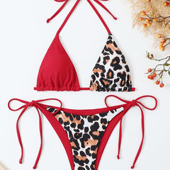 Leopard & Plain Triangle Halter Neck Two Piece Bikini Set