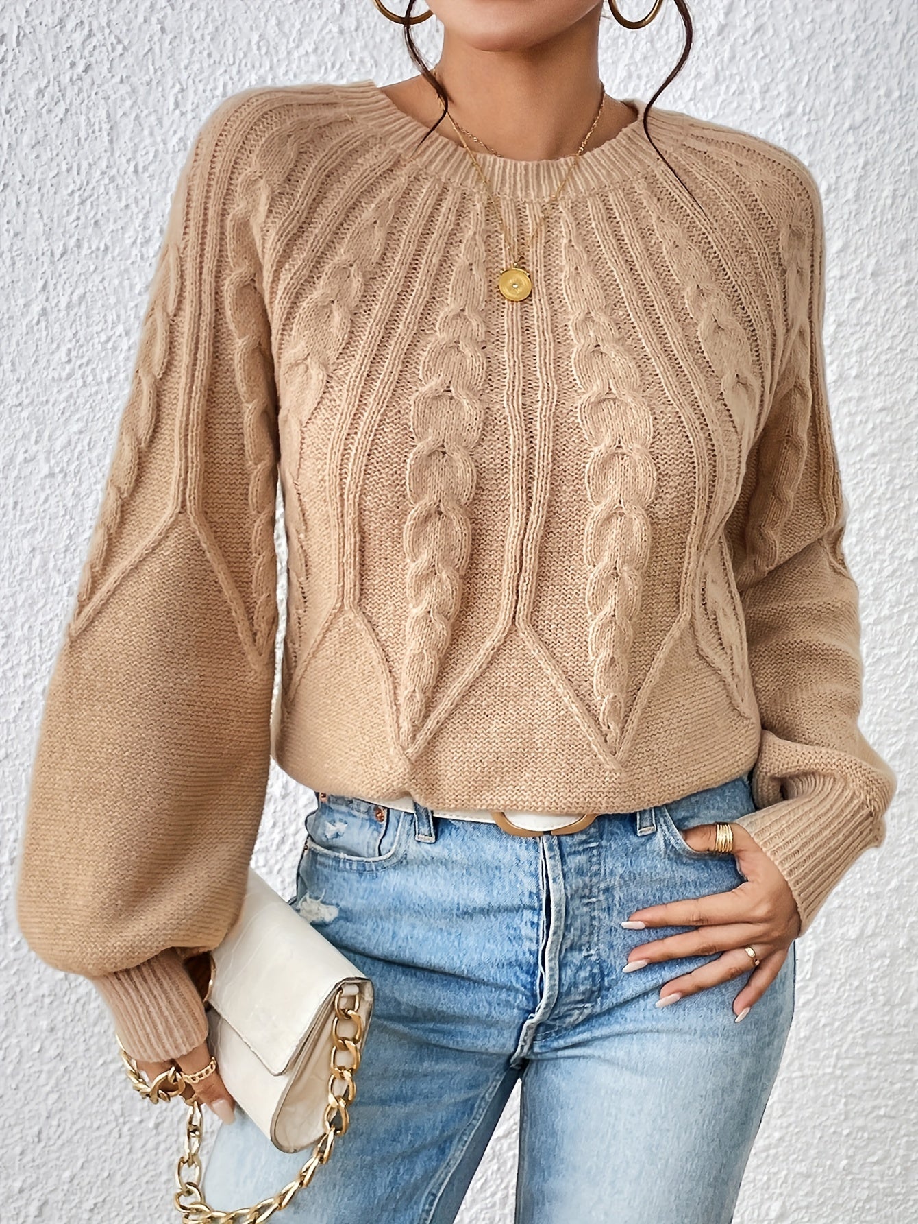 Cable Knit Lantern Sleeve Sweater Crew Neck Pullover Jumper