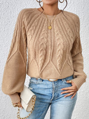 Cable Knit Lantern Sleeve Sweater Crew Neck Pullover Jumper