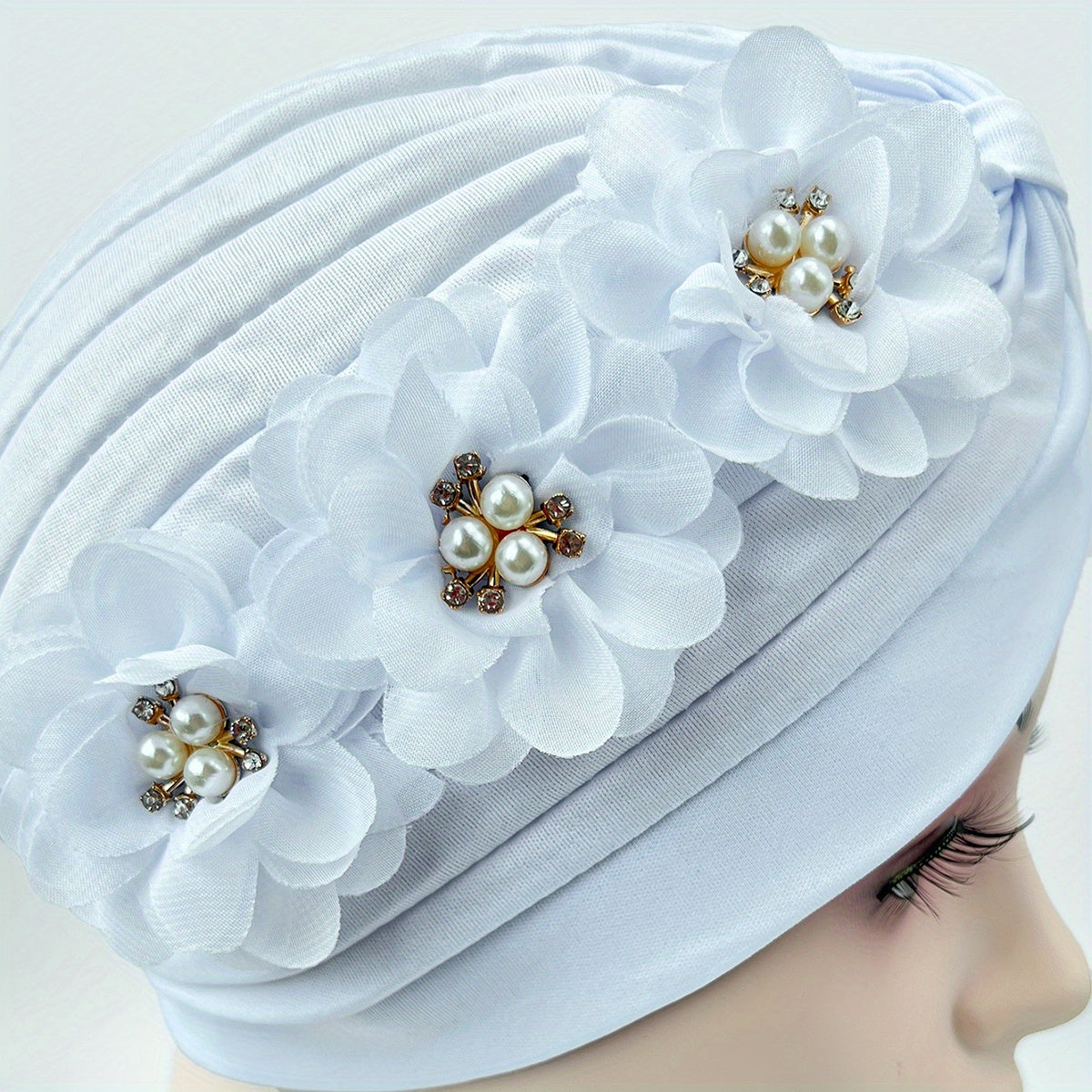 Pleated Turban Cap Faux Pearl Flower Decor Head Wrap Elastic Beanie