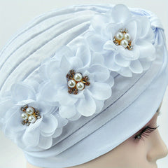 Pleated Turban Cap Faux Pearl Flower Decor Head Wrap Elastic Beanie